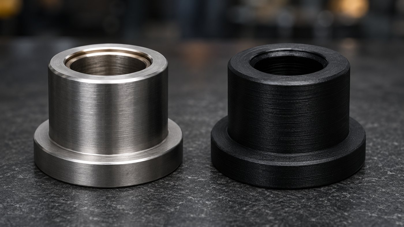 Casquillo mecanizado junto a casquillo impreso en 3D en PETG